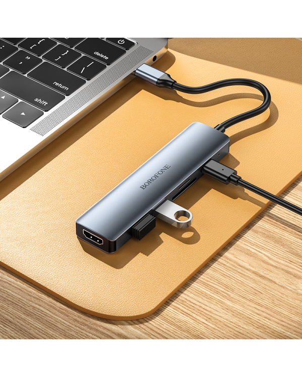 Borofone Adapter DH15 Buddy 6 in 1 - Type C to HDMI + Type C + USB 3.0 + USB 3.0 + SD + microSD - PD 100W grey