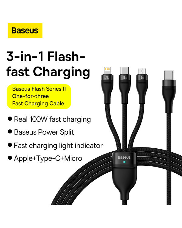 Baseus Flash Series II USB Type C | USB Type A cable - USB Type C | Lightning | micro USB 100 W 1.5 m black (CASS030201)