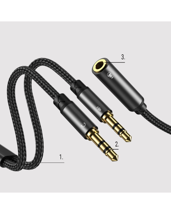 Joyroom AUX splitter audio cable 3,5 mm mini jack (female) - 2x 3,5 mm mini jack (male - microfon and headphones) 0,2m black (SY-A05)