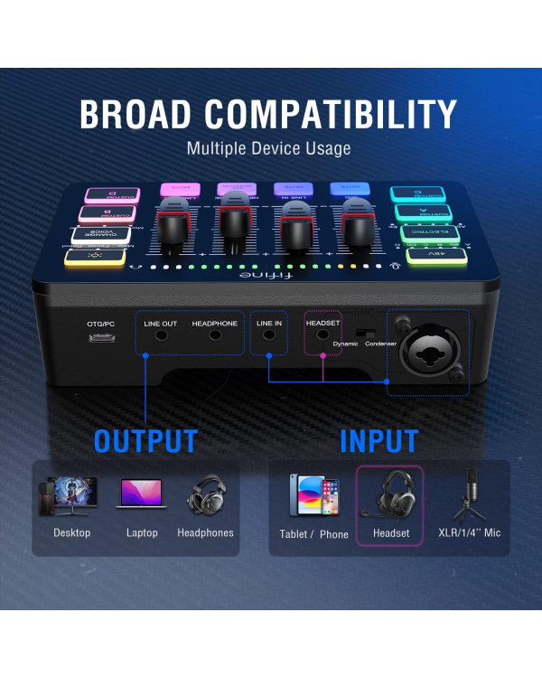 Fifine SC3 аудио микшер RGB | Streaming | XLR | 48V | Vocal черный