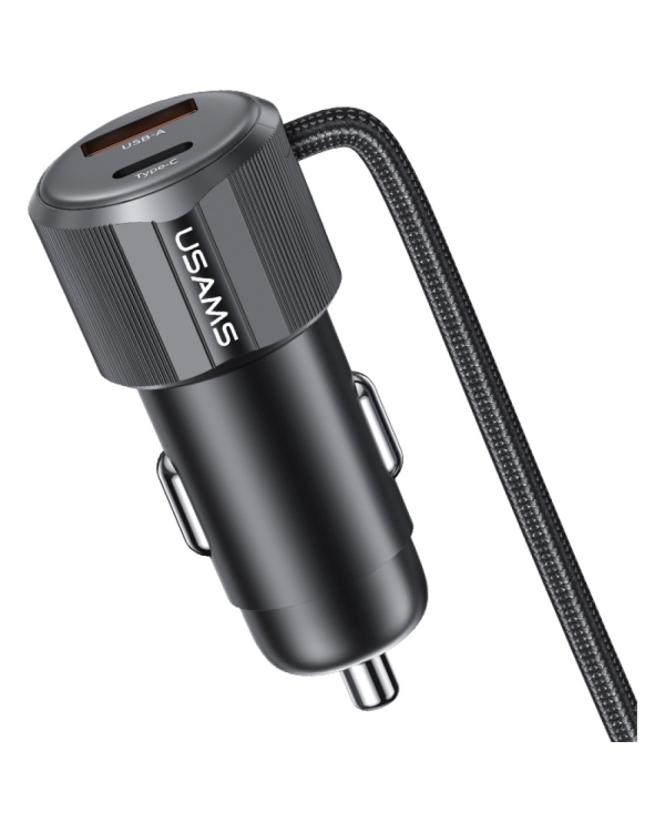 Автомобильное зарядное устройство USAMS YT Series CC287 66W 1xUSB-A 1xUSB-C + кабель 2-в-1 USB-C|Lightning чёрный
