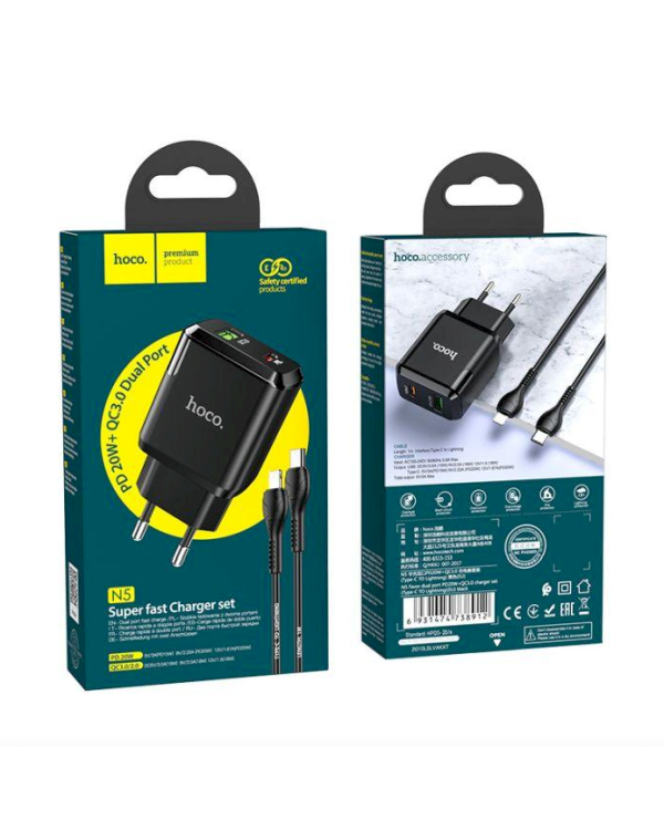 Hoco N5 PD20W универсальное зарядное устройство USB / 5V / 3A + lightning провод 1М черная