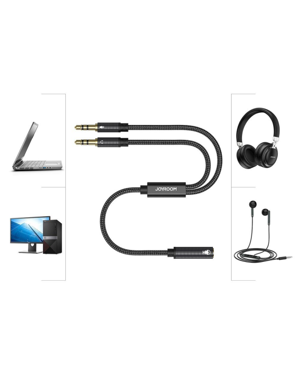 Joyroom AUX splitter audio cable 3,5 mm mini jack (female) - 2x 3,5 mm mini jack (male - microfon and headphones) 0,2m black (SY-A05)
