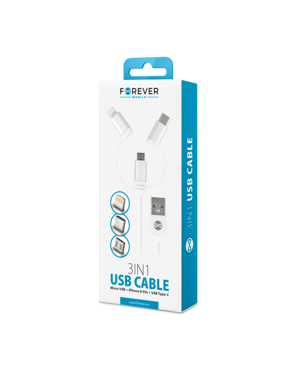 Forever 3in1 cable USB - Lightning + USB-C + microUSB 1,0 m 1,5A white
