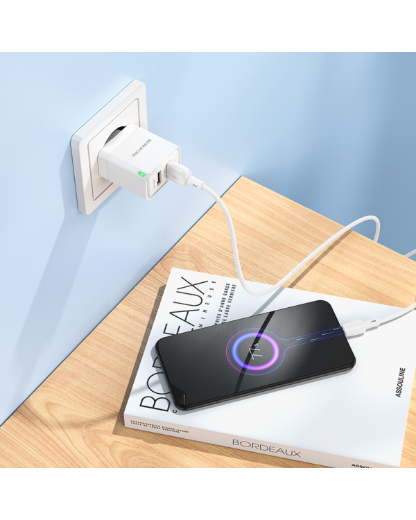 Borofone Настенное зарядное устройство BN15 Strong - 2xUSB - 2,1A с кабелем USB - Micro USB белый (повреждённая упаковка)
