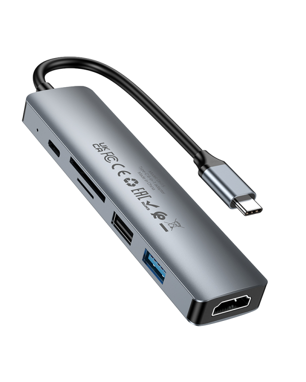 Borofone Adapter DH15 Buddy 6 in 1 - Type C to HDMI + Type C + USB 3.0 + USB 3.0 + SD + microSD - PD 100W grey
