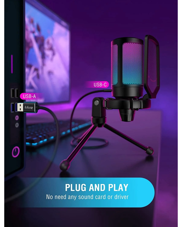 Микрофон Fifine AmpliGame A6V RGB для игр | подкасты | потоки | штатив | черный
