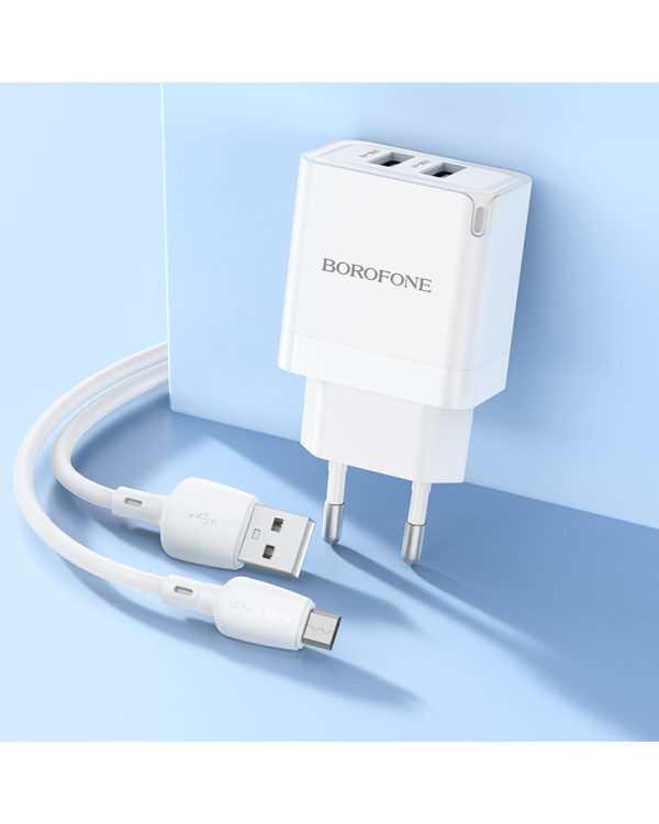 Borofone Настенное зарядное устройство BN15 Strong - 2xUSB - 2,1A с кабелем USB - Micro USB белый (повреждённая упаковка)