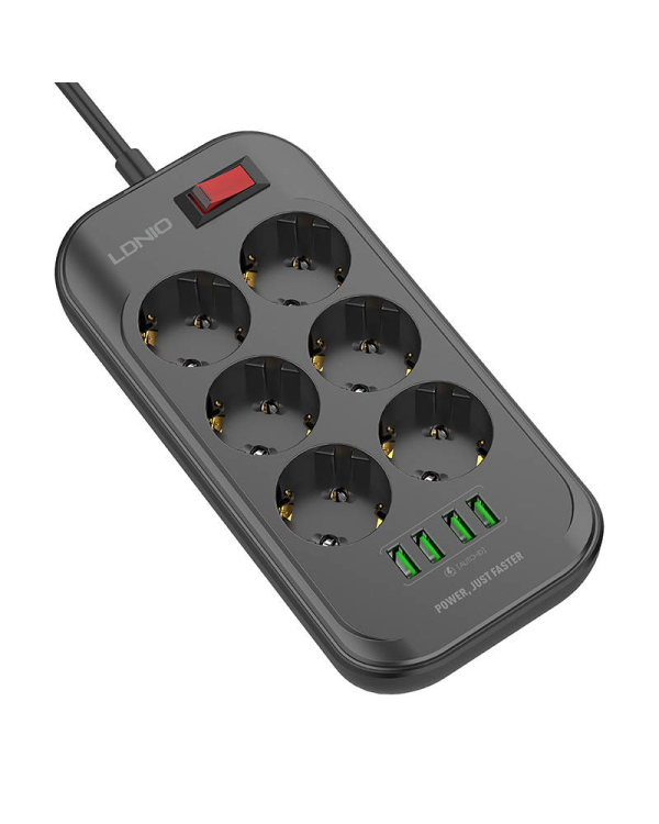 Power strip with 6 AC outlets, 4x USB, LDNIO SE6403, 2m (black)