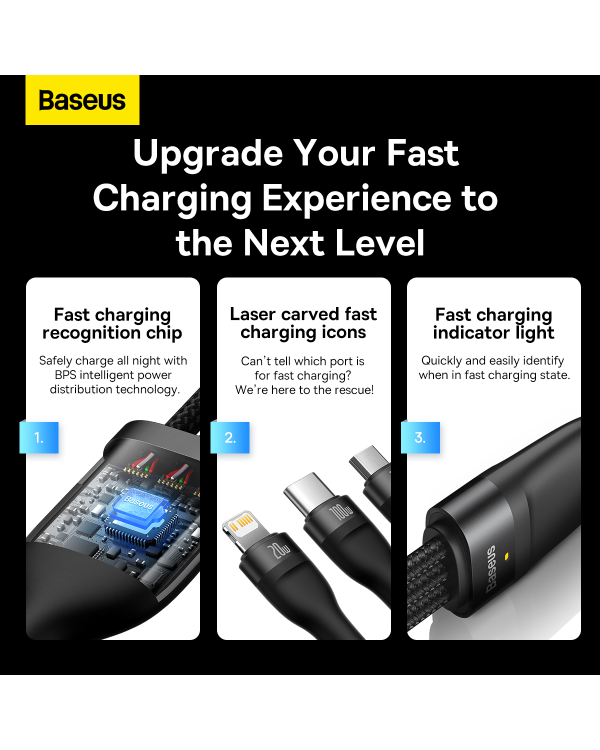 Baseus Flash Series II USB Type C | USB Type A cable - USB Type C | Lightning | micro USB 100 W 1.5 m black (CASS030201)