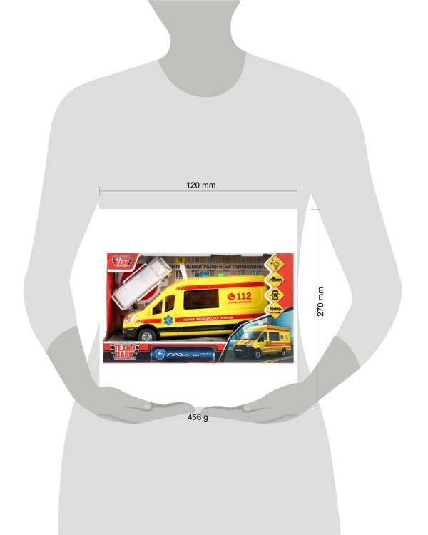 Машина пластик свет-звук FORD TRANSIT РЕАНИМАЦИЯ 22,5см, двери, 4 кноп, кор. Технопарк в кор.2*18шт