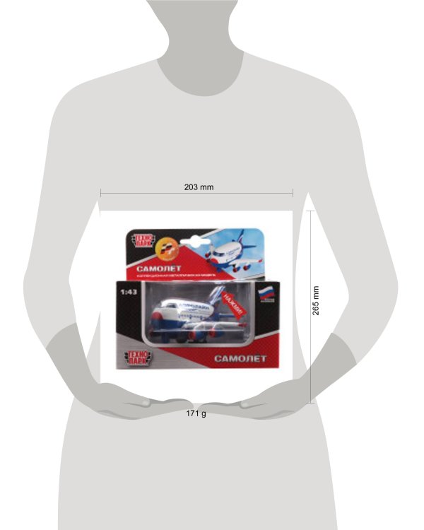 САМОЛЕТ "ТЕХНОПАРК" МЕТАЛЛ. ИНЕРЦ. СВЕТ+ЗВУК В РУСС. КОР. в кор.2*24шт
