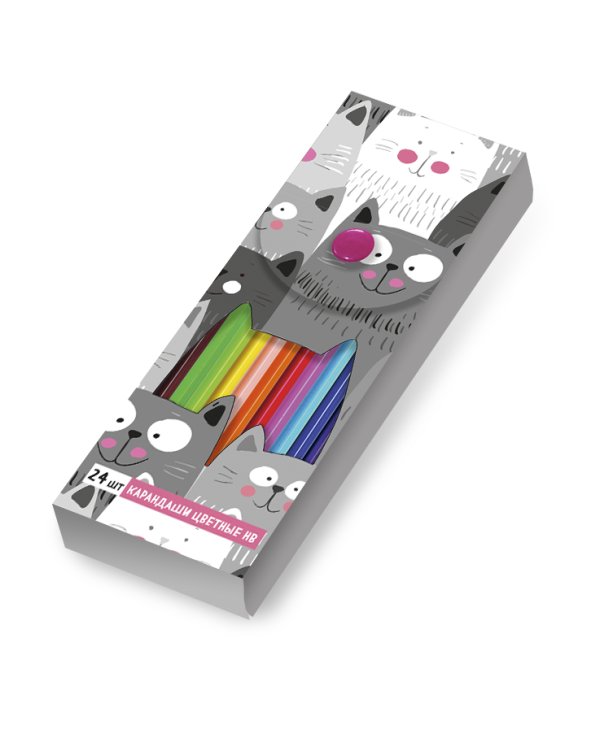Милые коты. Пластиковый пенал с карандашами (24шт)