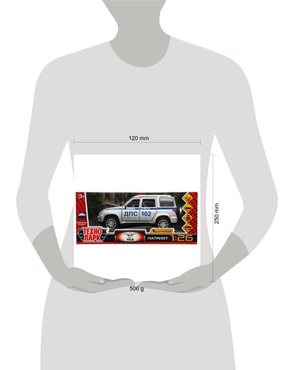 Машина металл свет-звук UAZ ПАТРИОТ ПОЛИЦИЯ 17,8 см, двери, инерция, кор. Технопарк в кор.2*24шт