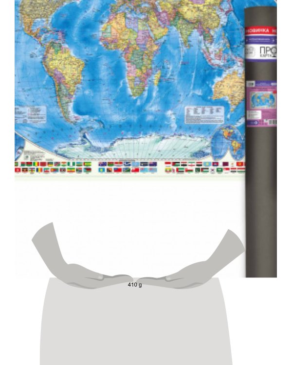 Карта 124х80 см. Мир Политический с флагами. Настенная в тубусе. М1:24 млн. ПРОкарта