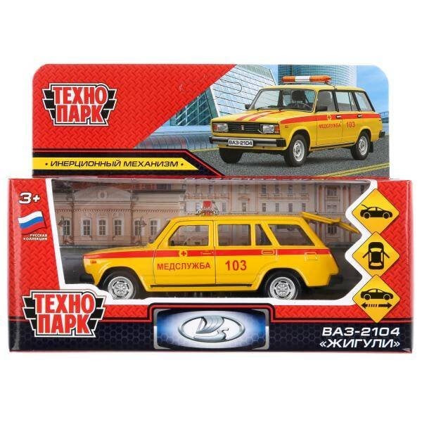 Машина металл ваз-2104 жигули медслужба 12см, инерц., желтый в кор. Технопарк в кор.2*36шт