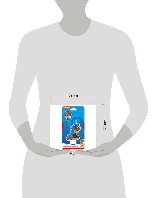 Щенячий патруль. Парафиновая свеча в торт (цифра 1 с героем), в блистере