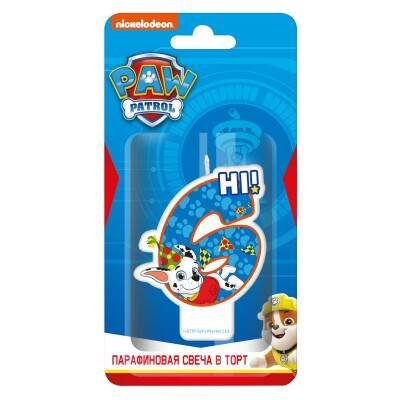 Щенячий патруль. Парафиновая свеча в торт (цифра 6 с героем), в блистере