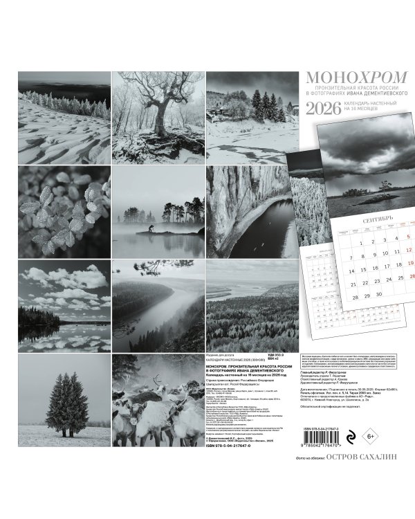 Монохром. Пронзительная красота России в фотографиях Ивана Дементиевского. Календарь настенный на 16 месяцев на 2026 год (300х300 мм)