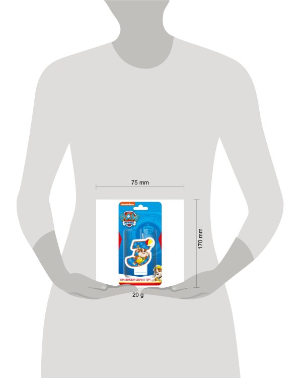 Щенячий патруль. Парафиновая свеча в торт (цифра 3 с героем), в блистере