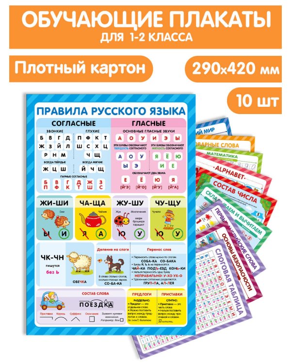 Обучающие плакаты. Знания для школьников. Набор 10 штук