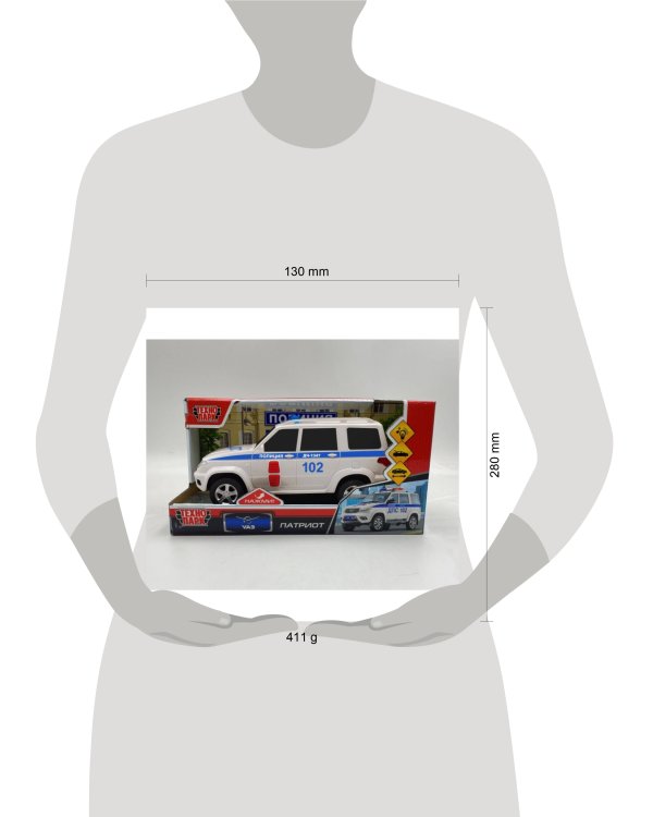 Машина пластик свет-звук УАЗ ПАТРИОТ ПОЛИЦИЯ 22 см, багаж, 2 кн, инерц, кор. Технопарк в кор.2*18шт