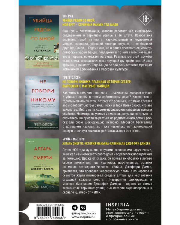 Комплект из 3 книг (Не говори никому. Реальная история сестер, выросших с матерью-убийцей. Убийца рядом со мной. Мой друг — серийный маньяк Тед Банди. Алтарь смерти. История маньяка-каннибала Джеффри Дамера)