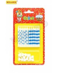 Свечи для торта  с подставками.  Точки и полосы,  голубые, 12шт. С-0458