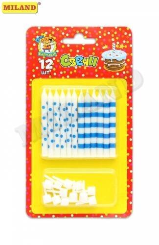 Свечи для торта  с подставками.  Точки и полосы,  голубые, 12шт. С-0458