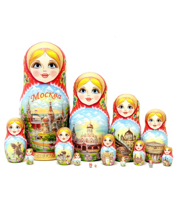 Матрешка Москва (красный платок, розовый низ) 15м33