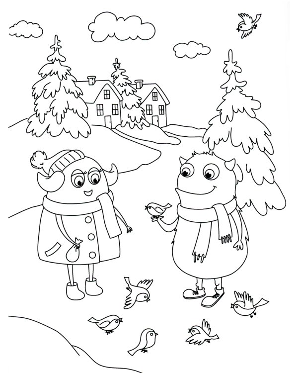 Монстрики и зимние развлечения: книжка-раскраска с наклейками