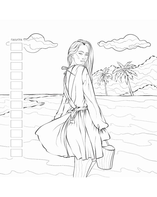 Fashion Girl: Раскраска для работы маркерами (девушка с велосипедом в поле)