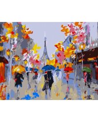 Набор для раскрашивания по номерам Осенний город, 24 цвета: краски акриловые на водной основе 24 штуки, холст c контурным рисунком (нетканый материал), на подрамнике из МДФ, кисти 3 штуки, контрольный лист со схемой / 40x50x1,6см арт.88120