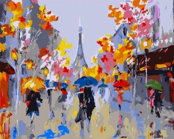 Набор для раскрашивания по номерам Осенний город, 24 цвета: краски акриловые на водной основе 24 штуки, холст c контурным рисунком (нетканый материал), на подрамнике из МДФ, кисти 3 штуки, контрольный лист со схемой / 40x50x1,6см арт.88120