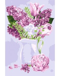 Набор для раскрашивания по номерам Цветы в кувшине, 12 цветов: краски акриловые на водной основе 12 штук, холст c контурным рисунком (нетканый материал), на подрамнике из МДФ, кисти 2 штуки, контрольный лист со схемой. / 20x30x1,6см арт.88097