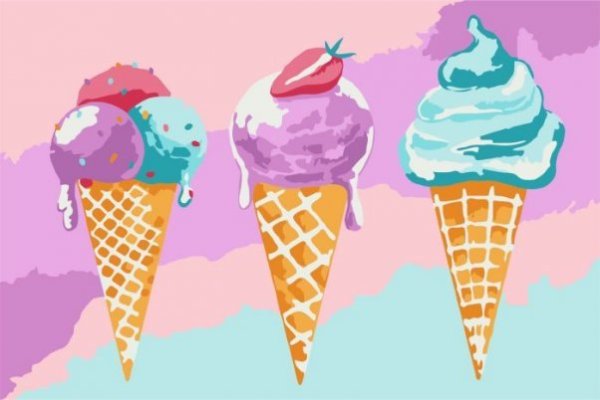 Набор для раскрашивания по номерам Мороженое в стаканчике, 12 цветов: краски акриловые на водной основе 12 штук, холст c контурным рисунком (нетканый материал), на подрамнике из МДФ, кисти 2 штуки, контрольный лист со схемой. / 20x30x1,6см арт.88099