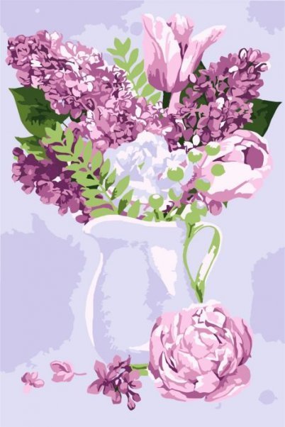 Набор для раскрашивания по номерам Цветы в кувшине, 12 цветов: краски акриловые на водной основе 12 штук, холст c контурным рисунком (нетканый материал), на подрамнике из МДФ, кисти 2 штуки, контрольный лист со схемой. / 20x30x1,6см арт.88097