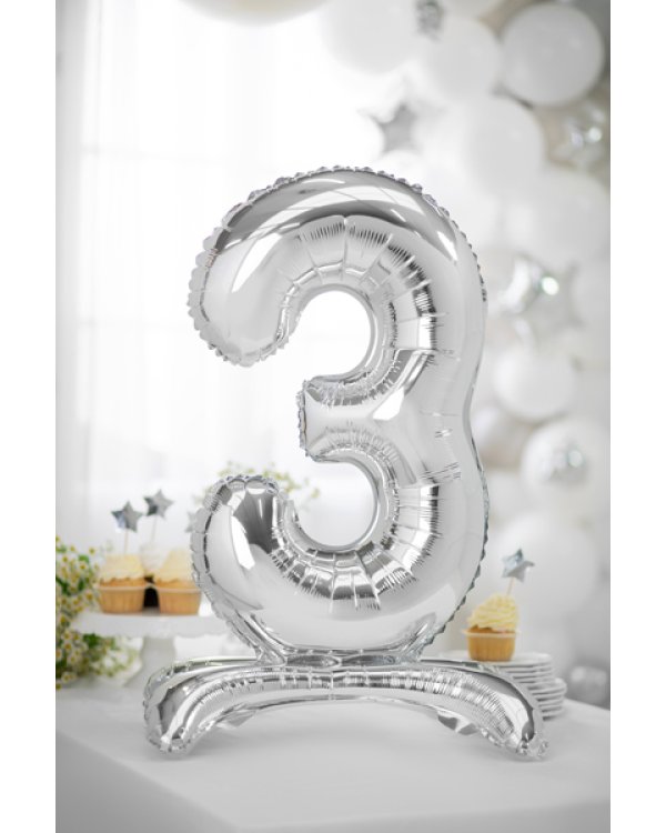 Standing foil balloon Number ''3'', 70cm, silver