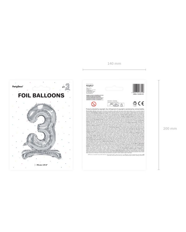 Standing foil balloon Number ''3'', 70cm, silver