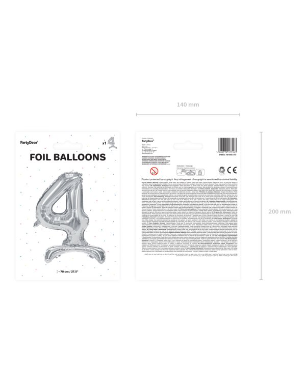 Standing foil balloon Number ''4'', 70cm, silver