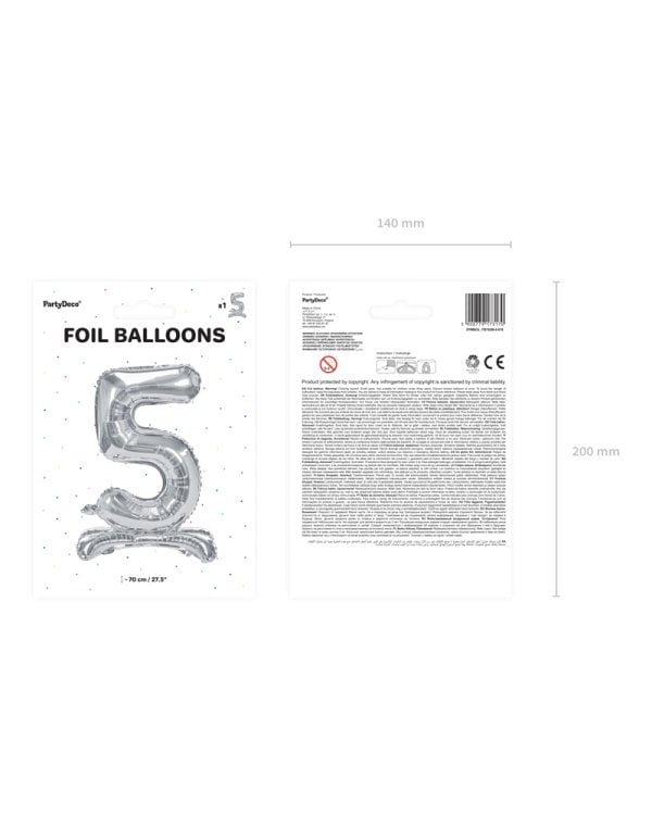 Standing foil balloon Number ''5'', 70cm, silver