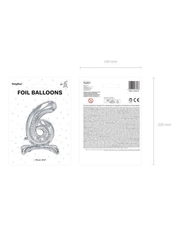 Standing foil balloon Number ''6'', 70cm, silver