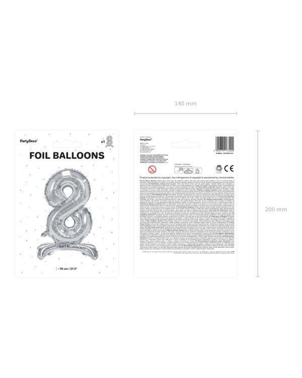 Standing foil balloon Number ''8'', 70cm, silver
