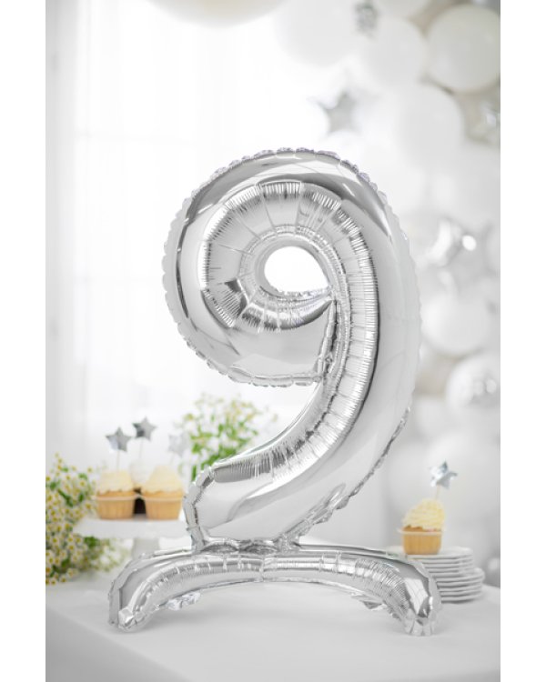 Standing foil balloon Number ''9'', 70cm, silver