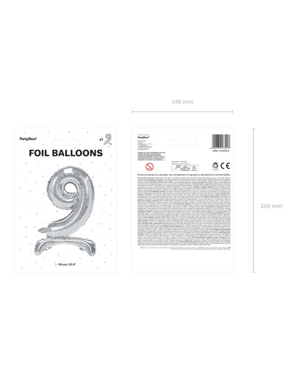 Standing foil balloon Number ''9'', 70cm, silver