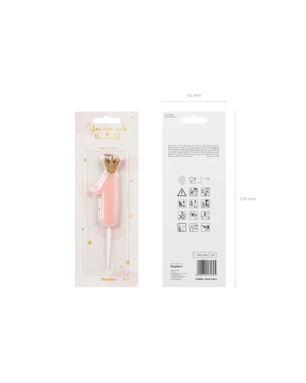Birthday candle Number 1, light pink, 9.5cm
