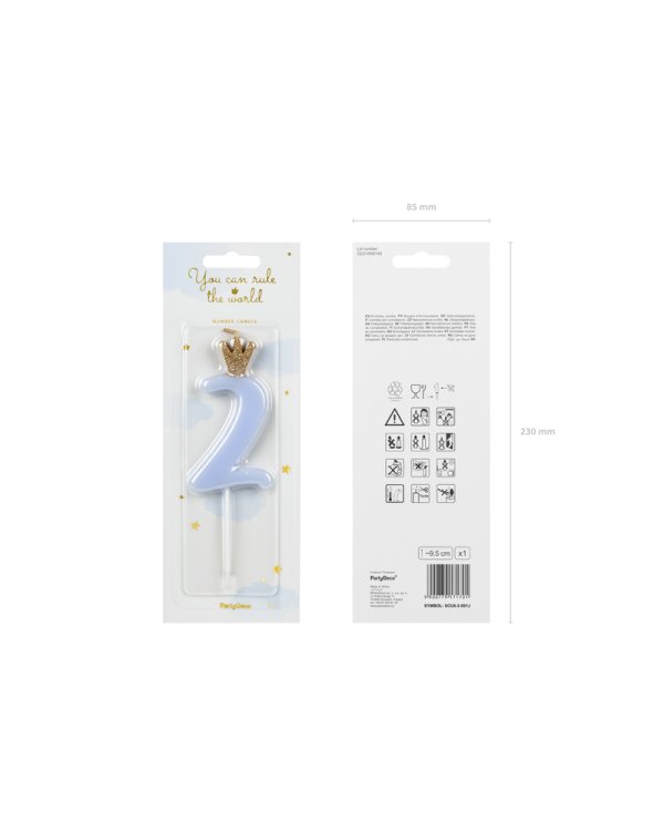Birthday candle Number 2, light blue, 9.5cm