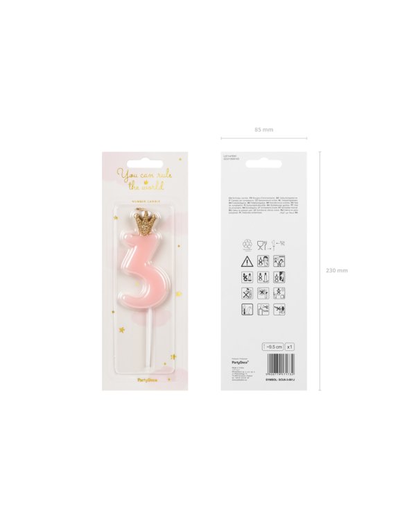 Birthday candle Number 3, light pink, 9.5cm