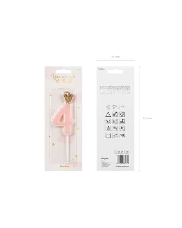 Birthday candle Number 4, light pink, 9.5cm