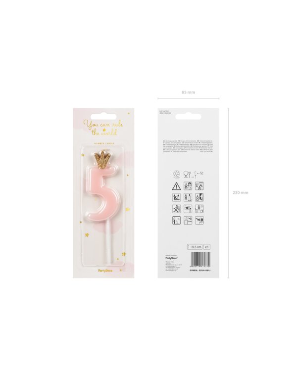 Birthday candle Number 5, light pink, 9.5cm